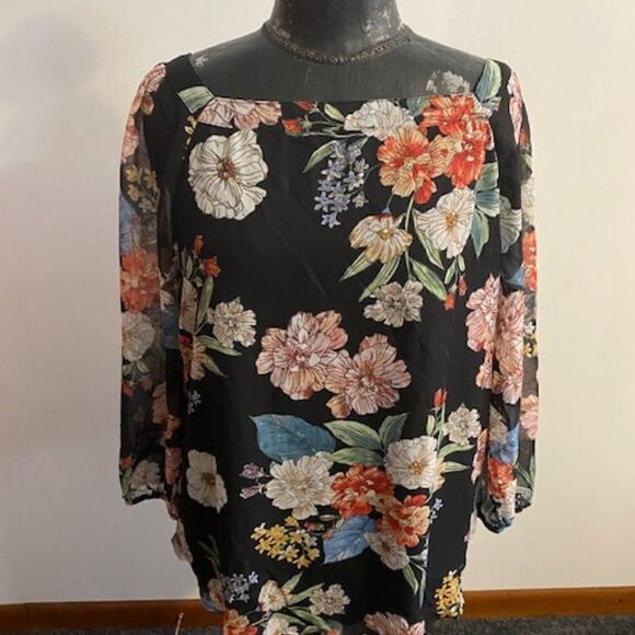 Paper Moon Black Floral long sleeve blouse, size 2X - Picture 1 of 5